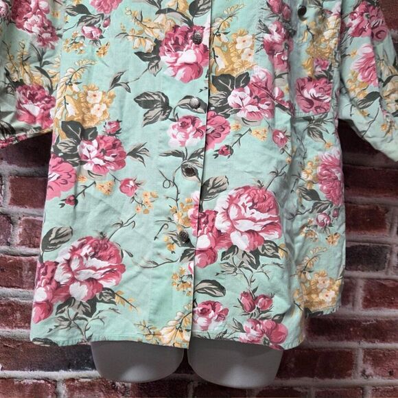 Vintage 90s CM Company Hawaiian Shirt Large Green Pink Floral Button Down V Neck - Picture 2 of 7